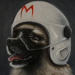 <strong>"Pao" (SOLD)</strong><br>Here?s Pao with his Speed Racer helmet<br />
(Oil on canvas, 30x30) 2019. <br />
(ORIGINAL - SOLD)<br />
