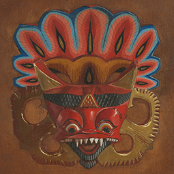 <strong>Indonesian mask </strong><br>Indonesian mask (oil on wood 14x14) <br />
not sure if it's finished but I'm done... 2012<br />
(Original - AVAILABLE)<br />
